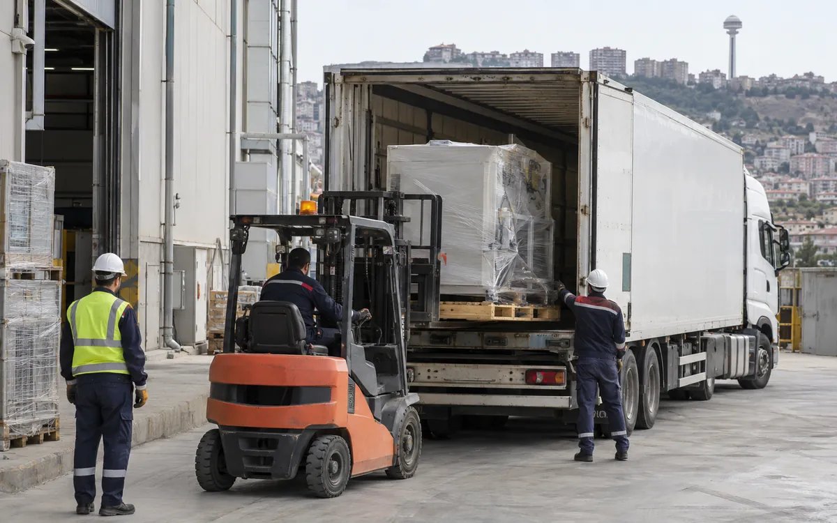 Fabrika taşımasında paletlenmiş ekipmanlar forklift ile kamyona yükleniyor