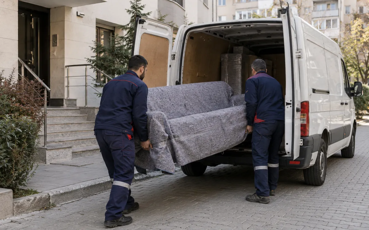İki taşıma görevlisi tek bir koltuğu küçük nakliye aracına yüklüyor